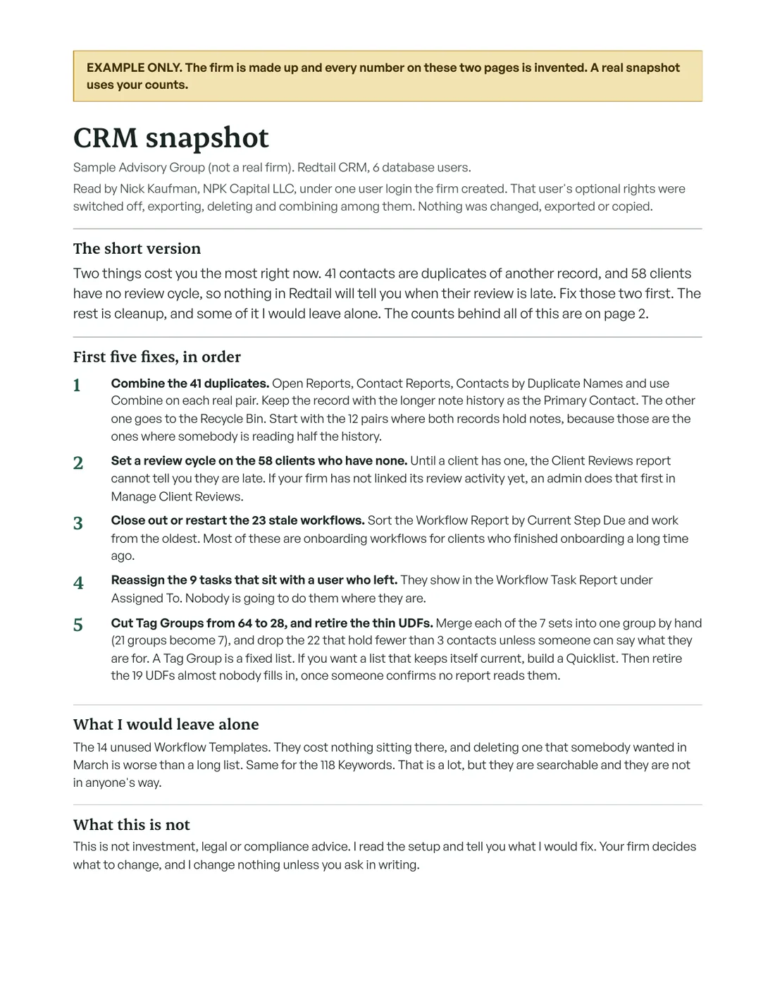 Page 1 of a sample CRM snapshot. It is marked example only. It has a short summary, five numbered fixes in order, and a note on what to leave alone.